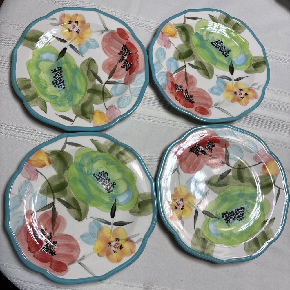 The Pioneer Woman Salad Plates (4) Vintage Bloom 8.5" Scalloped Edge COLORFUL!